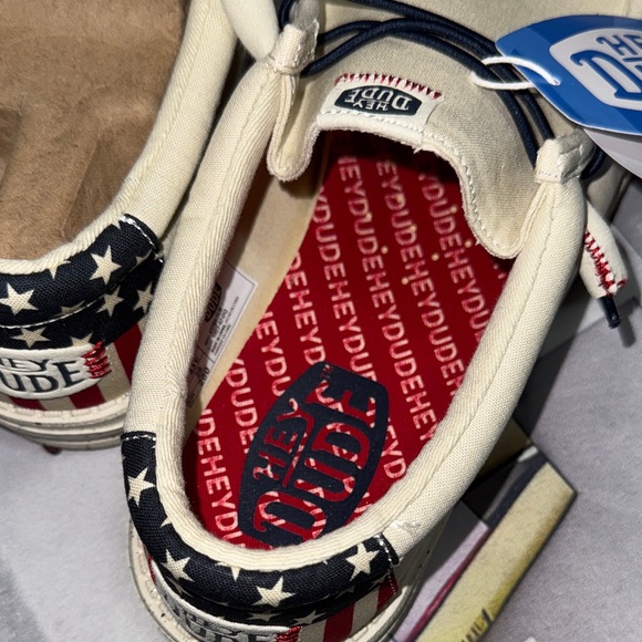 Hey Dude Men\'s Cream and Navy Loafers with an American Flag Design on the Heel main image 6